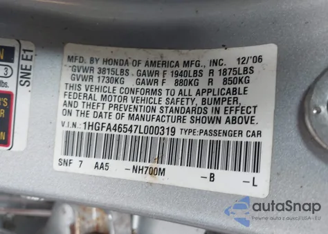 2007 Honda Civic Gx z USA, uszkodzony, nr VIN 1HGFA46547L000319